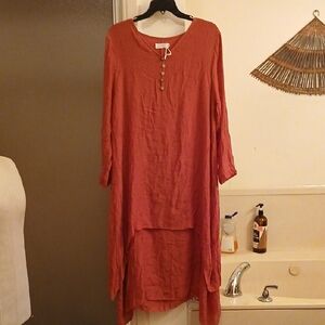 Rust Red Button-Front Tunic‎ Dress. 3xL